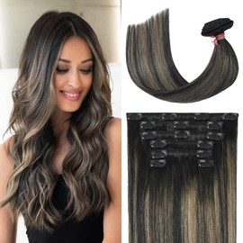 UGOTRAYS Hair Extensions Real Human Hair Balayage Black to Light Brown Highlight Black Hair Extensions 70g 7pcs #1/6/1 9A Brazilian Hair Full Head Woman Clip ins 15inch Black Hair Extensions