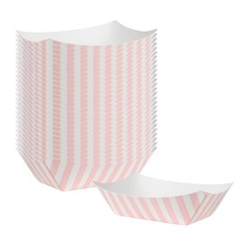 Restaurantware Bio Tek 6 Ounce Boat Paper Boats, 50 Disposable #40 Food Trays - PE Lining, Durable, Pink And White Striped Paper Food Baskets, For Concession Stands, Picnics, or Fairs, Stackable