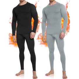 OYGSieg 2 Set Men's Thermal Underwear Long Johns with Fleece Lined, Thermals for Men Base Layer Cold Weather Top Bottom SetB S Black/Grey