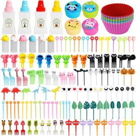 HOWHYUE 150 Pcs Silicone Lunch Box Dividers Bento Box Accessories Including Food Picks Mini Condiment Bottles Ketchup Squeeze Bottles Reusable for Camping Office Accessories