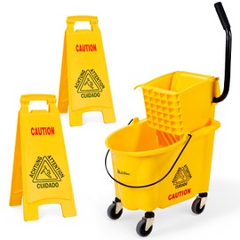 PLASTIC PRINCE 26-Quart Yellow Side-Press Mop Bucket and Wringer Combo on Wheels with Two Wet Floor Caution Signs for Commercial Use Perfect for Professional Industrial Business Household
