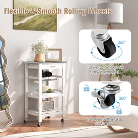 Small Kitchen Island Cart, 4-Tier Microwave Storage Rack with Stainless Steel Countertop, Metal Wire Basket & Serving Tray, Buffet Serving Cart with Wheels for Kitchen, Dining Room, White