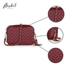 Mabel London Womens Quilted Cross-body Small Bag with Long Metal Embelishment Chain Strap - Tasseled and Trendy - Mia (Design 1 - White)