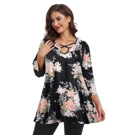 LARACE Criss Cross Tops for Women 3/4 Sleeve V Neck T-Shirts Plus Size Tunic for Leggings Floral Blouse Fall Clothes(A-Black05 3X)