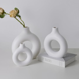 Set of 3 White Composite Plastic Vase 5.7" 7.9" 9" Aesthetic Boho Modern Small Round Cute Vases for Modern Minimalist Bohemian Decor Living Room, Dining Table, Office Bedroom Shelf Decor