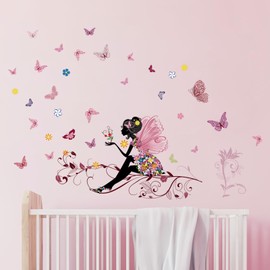 Tanlaby Flower Fairy Wall Decals Colorful Floral Vine Butterfly Girl Wall Stickers DIY Vinyl Wall Art Decor for Girls Baby Nursery Bedroom Playroom Home Decoration