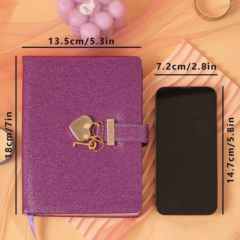 Heart Lock Journal Notebook with Key, Glitter Purple PU Leather