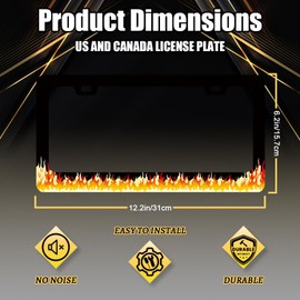 Red Flame License Plate Frame Burning Fire Colorful License Plate Stainless Steel Car Accessory Holder Funny License Plate Decoration Men Women s Size 12.2" x 6.2" with Screws