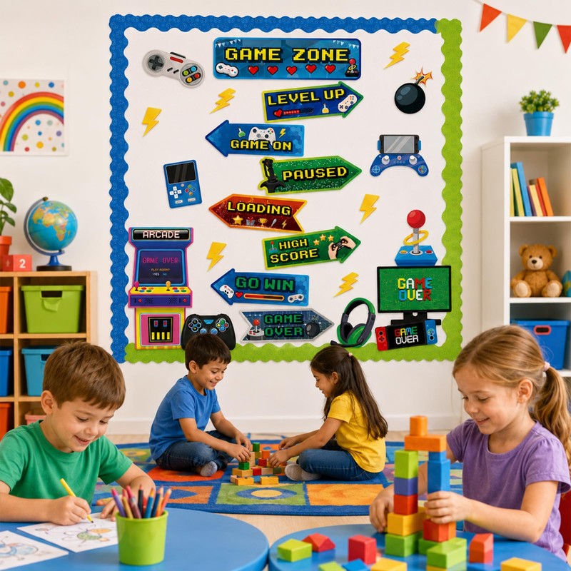 Video Game Theme Bulletin Board Set Directional Signs Level up