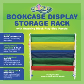 UNiPLAY Kids 4-Tier Book Storage Organizer with Sling Book Pockets, Plastic Sling Rack Bookshelf for Playroom, Fits Blocks, White/Primary