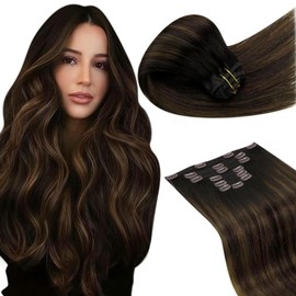 LaaVoo Brown Clip-In Real Hair Extensions, 50 cm, Balayage Real Hair Extensions, Clip-In Remy Human Hair, Brown, Ombre Light Brown Hair Extensions, Real Hair Clip-In, Double Wefts 135 g, #2/8/2