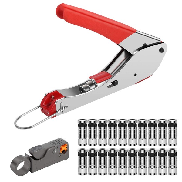 Coax Cable Stripper, Coax Cable Crimper for RG6, RG59, RG58 Coaxial Wire Stripping Compression Tool Kit Including Crimper 20Pcs Compression Connectors Cable Stripper
