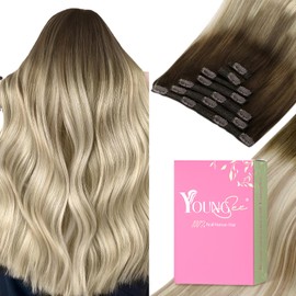 YoungSee Clip in Human Hair Extension Ombre Remy Human Hair Extensions Clip ins Dark Brown Mix Blonde Balayage Clip on Hair Extension Blonde Clip in Real Hair Extensions for Beginners 14In 120G 7Pcs
