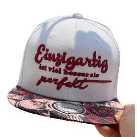 Outfitfabrik Snapback Cap "Einzigartig ist viel Besser als Perfekt" in White, Umbrella with Skull Rose Motif, 3D Stick, Unisex, Adjustable at the Back, intense green/black/white, Unit size