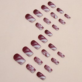 24pc Burgundy Marble Square False Nails - Easy Stick-on/Removable Full Cover Press-Ons with Glue - Perfect Nail Art Accessories for Women