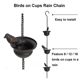 Dytabepl Rain Chains for Gutters, Rain Drain Chain, Mobile Birds on Cups, Rain Gutter 7.8 Feet, Metal Rainwater Chain with Attached Hanger and Birds