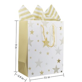 4 pcs 9" Gift Bags Medium Size with Tissue Paper White Gold Wrap Paper Gift Bags with Handles for Birthday Shopping Parties Wedding Holiday Presents (Gold)