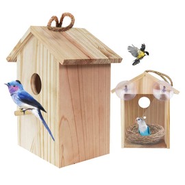 Bird nest with Strong Suction Cups and lanyards for Outdoor use - See-Through Environmentally Friendly Wooden Bird nest，Bird Nest Transparent Design for Easy Observation,Best Gift for Kids