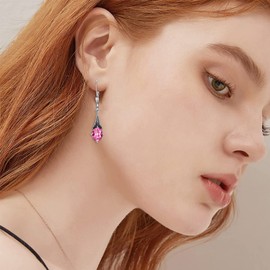 Pink Crystal Earrings for Women Sterling Silver Vintage Retro Drop Dangle Earrings with Oval Pink Simulated October Birthstone Crystal from Austria, Birthday Christmas Earrings Gifts for Women Girls