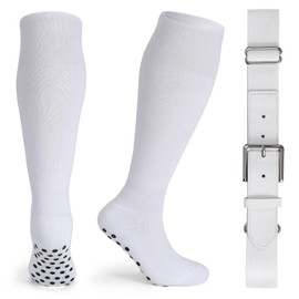 JASGOOD White Baseball Socks and Belt Combo Set, Softball Socks Youth Grip Soccer Socks for Adult Non-Slip Basketball Football Sport Sock
