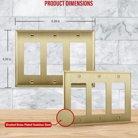 ENERLITES Decorator Switch or Outlet Metal Wall Plate, Stainless Steel 201, Corrosion Resistant, Size 3-Gang 4.50" x 6.38", UL Listed, 7733-BB, Brushed Brass, Gold