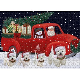 Christmas Express Delivery Red Truck Running West Highland Terrier Dogs Jigsaw Puzzle for Adults - Animal Printed Interlocking Puzzle Gift for Dog Lover's - 1000 Pcs 20"x30"