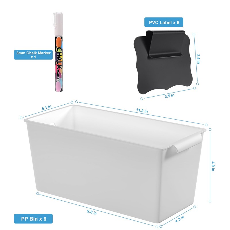 Plastic Storage Bins 6 Pack with Clip Labels & Chalk
