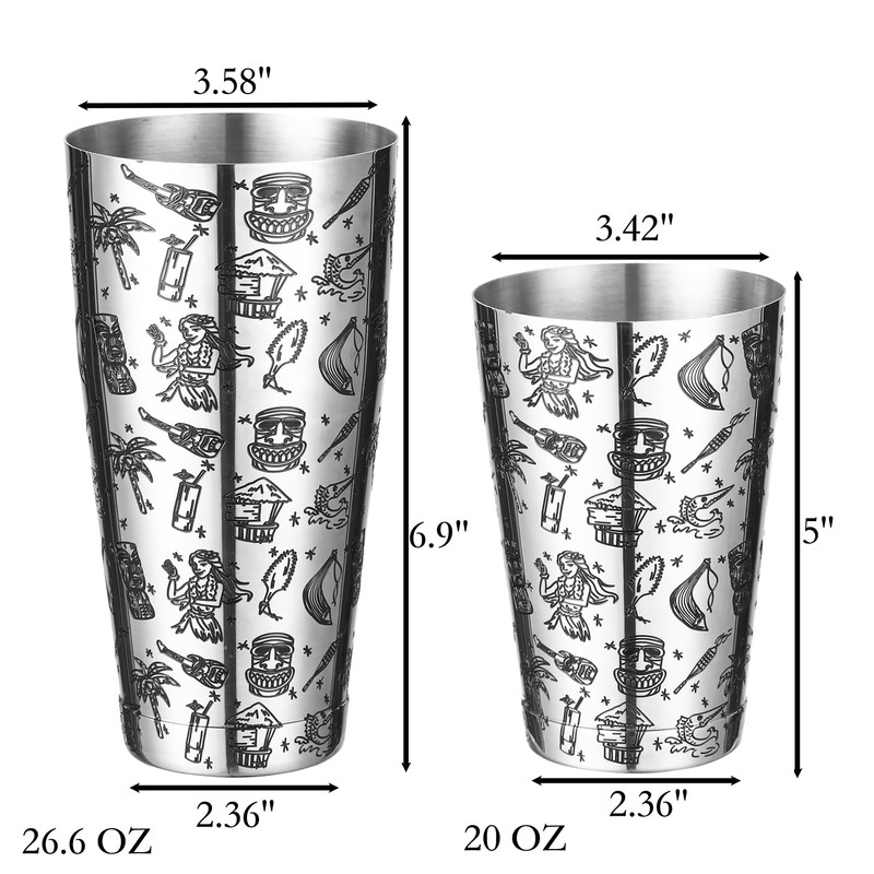 Weighted Boston Shaker Cocktail Shaker Etched with Tiki Imagery (Tiki