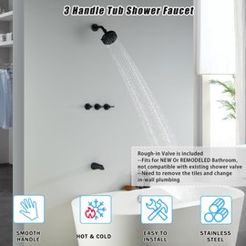 SUBEIXI 3 Handle Tub Shower Faucet Matte Black Tub and Shower Trim Kit Bathtub Shower Faucet Set with Tub Spout, Wall Mount