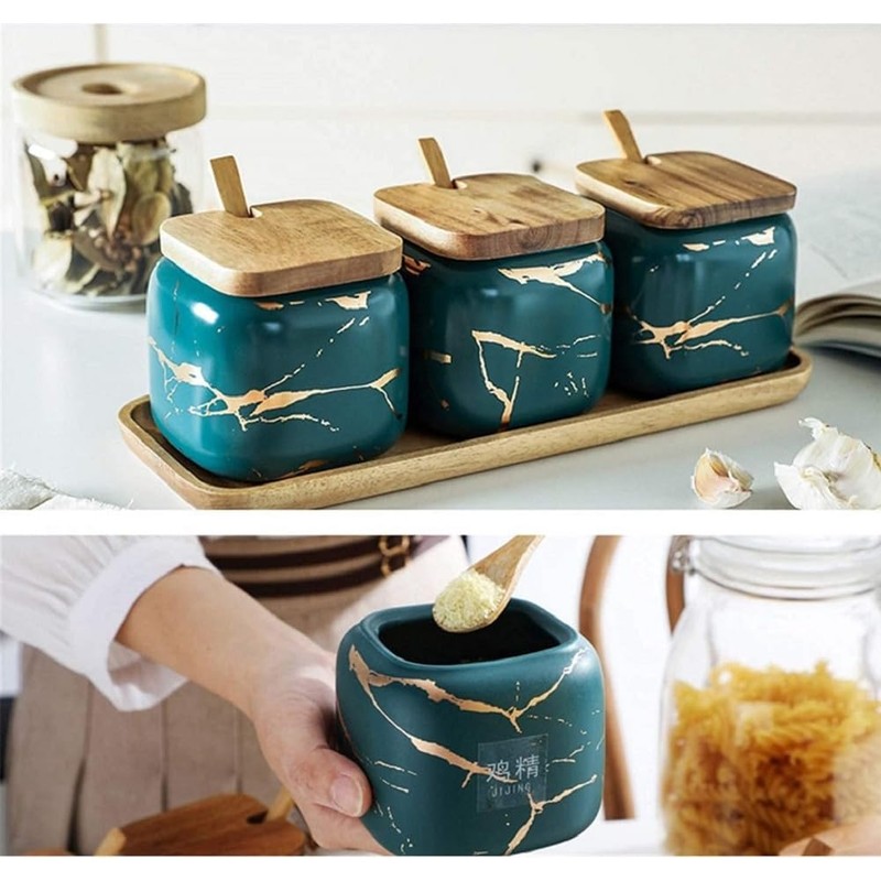 VollfitYYu Ceramic Spice Jar, Marble Look, Salt Jar, 360 ml,