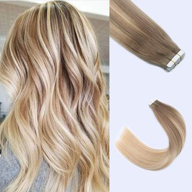 Lovrio 14" 20 Pcs 50g Tape in Human Hair Balayage Ash Brown/Light Chestnut Brown Fading to Dirty Blonde and Platinum Blonde B8-18-60 Reusable Pastel Double Sided