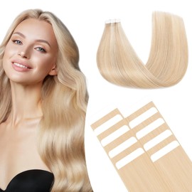 tesshair Tape in Hair Extensions Human Hair Thin Type 10 Pcs Invisible Skin Weft Remy Real Hair Extension Tapes Natural Tape Extensions for Women Girls(Ash Blonde & Bleach Blonde, 15g) - 20Inch