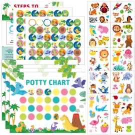 10 Sheets Potty Training Reward Chart, Contains 280 Stickers, 40 Glue Dots And 10 Dinosaur Tattoo Stickers, Reward Charts For Children Behaviour Suitable For Boys And Girls (Dinosaur)