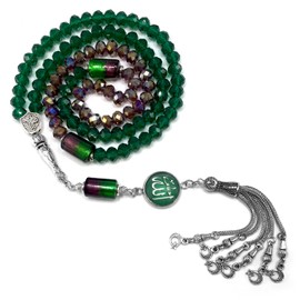 Special for Women Muslim Prayer Beads, 99 Beads - Tesbih-Tasbih-Tasbeeh-Misbaha-Masbaha-Subha-Sebha-Sibha-Worry Beads (Dark Green & Purple Crystal - 6x8 mm-Beads - Allah Tasselt)