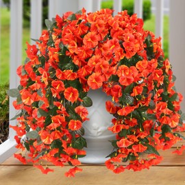 Sggvecsy Artificial Fake Hanging Flowers Plants for Outdoor Outside Spring Summer Decoration 2PCS Faux Silk UV Resistant Realistic Morning Glory Trailing Vines for Home Porch Patio Balcony(Orange)