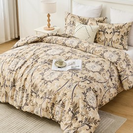 PlushVibes Brown Damask Queen Comforter - 3-Piece 100% Organic Cotton Floral Luxury Queen Size Comforter Set, Lightweight 400TC Vintage Elegant Medallion Victorian Botanical Bedding Set, 90"x90"