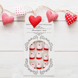 24 Pcs Red Heart Press on Nails Short Square Fake Nails French Tip Press on Nails with Glue Full Cover Acrylic False Nails Heart Design Stick on Nails Exquisite Valentine's Day False Nails for Women