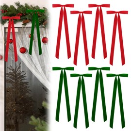 8 Pcs Large Velvet Christmas Bow 23.5x8.7 Inch Christmas Staircase Wreath Bows Gift Ribbon Bows Vintage Christmas Tree Topper Bows for Christmas Tree Indoor Outdoor Decoration, Red Green