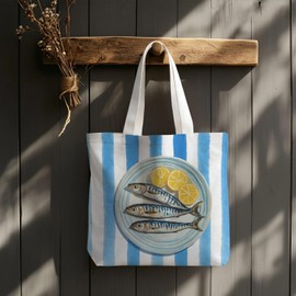 VIIJJUE Lemon Sardine Fish Beach Tote Bag, Fish Lover Gifts, Coastal Beachy Canvas Tote Bags, Blue Striped Sardine Seafood Nautical Reusable Grocery Shopping Bag