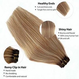 Clip in Hair Extensions Real Human Hair 7Pcs 18 Inch Balayage Blonde Human Hair Clip in Extensions Ombre Brown to Bleach Blonde Highlights Hair for Women
