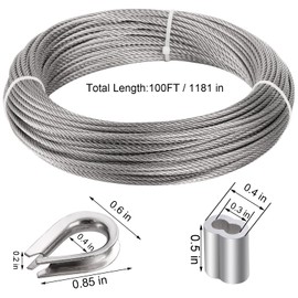 Okllen 1/8" (3MM) Wire Rope, 100FT Stainless Steel Cable, 7x7 Strand Core Metal Wire Cable with 18Pcs Aluminum Crimping Sleeves and 10Pcs Thimbles for Deck Railing Stair Handrail Balusters Clothesline | Okllen