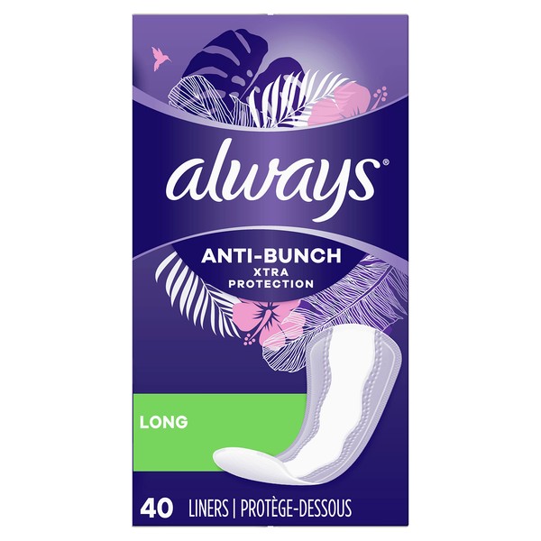 Always Anti-Bunch Xtra Protection, Panty Liners For Women, Light Absorbency, Long Length, Leakguard + Rapiddry, Unscented, 40 Count