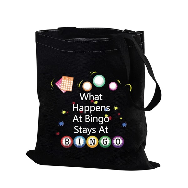 PXTIDY Bolsa de cosméticos de bingo para regalo de bingo con texto en inglés "What Happens At Bing", bolsa de maquillaje, regalo de juego de casino, bolsa de aseo para amantes del bingo, Bolsa negra, Middle, Moda
