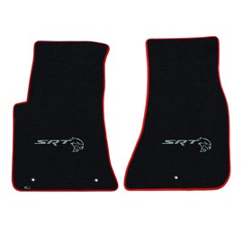 Lloyd Mats Heavy Duty Premium Red and Black Vinyl Binding Floor Mats for Dodge Challenger Hellcat AWD/RWD (Charcoal, 2PC RWD Single Logo (2015/ON) - SRT Logo)
