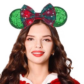 Tgirls Christmas Mouse Ears Headband Shinny Bow Xmas Hair Hoop Snowflake Sequins Ears Mouse Headwear for Women Girls Costume Party Birthday Hair Accressories (I)