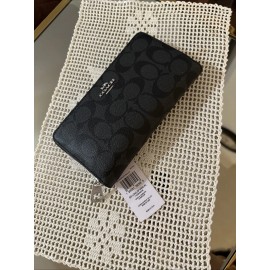 Coach NWT COACH C4452 Long Zip Around Wallet In Signature Canvas Silver/Graphite/Black