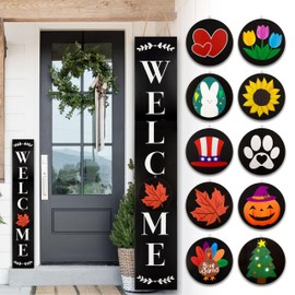 Monjita Welcome Sign for Front Porch Standing, Interchangeable Wooden Sign with 5 Designed Double-Sided Icons for Front Door, All Seasonal Farmhouse Rustic Modern Porch Decor for Fall Harvest Thanksgiving Christmas, 47 x 7.9 Inch Wooden Vertical Indoor O