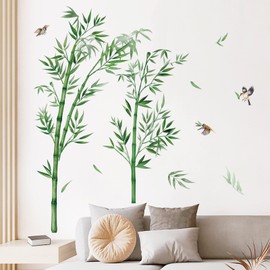 decalmile Large Bamboo Wall Decals Green Plants Flying Birds Wall Art Stickers Bedroom Living Room Sofa TV Background Wall Decor