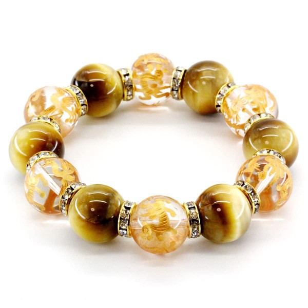 Ishikui 4A Prayer Beads Golden Tiger Eye 0.6 inch (16 mm) Four God Crystal Bracelet with Paulownia Box for Money, Work, Wealth [b062], Stone, tiger's eye