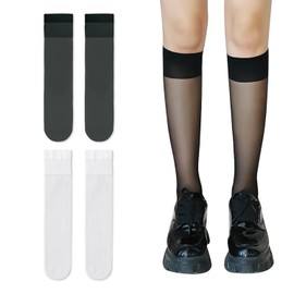 BEIBXHQQ 2 Pairs Sheer Knee High Stockings Women's Knee-High Socks， Pop Socks Knee High Elastic Soft Nylon for Women Girls (Black, White)